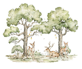 Watercolor composition with forest animals and natural elements. Deers, evergreen trees, flowers. Woodland fairy creatures in the wild. Illustration for nursery, wallpaper