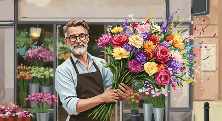 Smiling florist holding a vibrant bouquet of flowers outdoors  