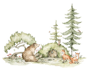Watercolor composition with forest animals and natural elements. Bear, fox, evergreen trees. Woodland fairy creatures in the wild. Illustration for nursery, wallpaper