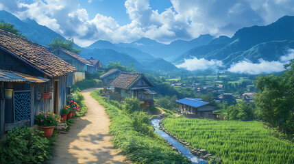 Anime countryside village, peaceful scenery.