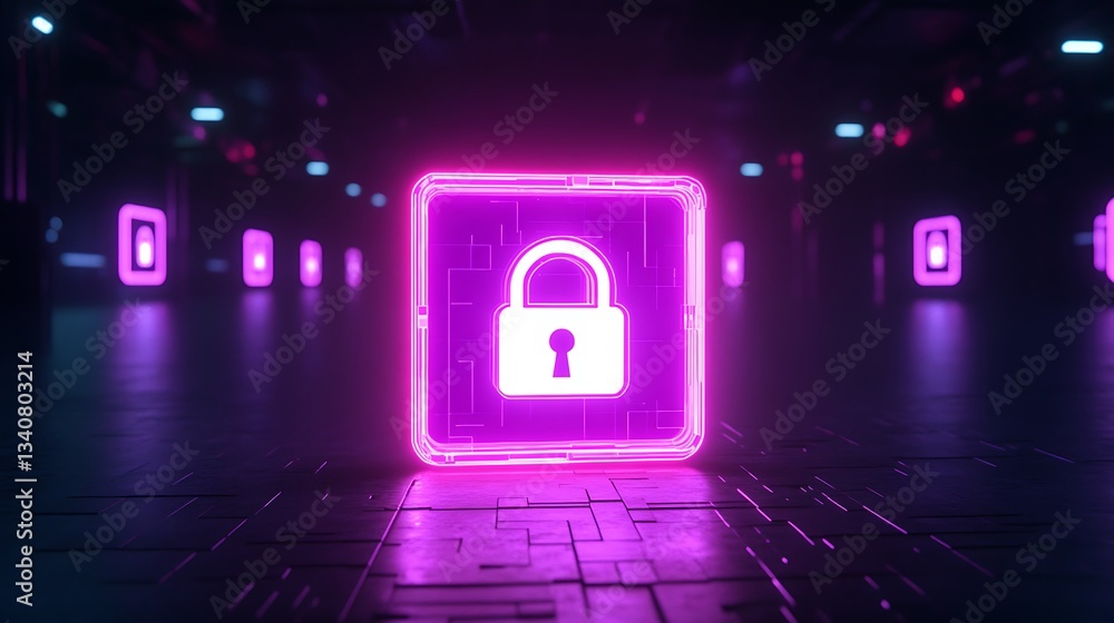 Aufkleber neon digital lock icon in futuristic technology environment representing security and privacy concep