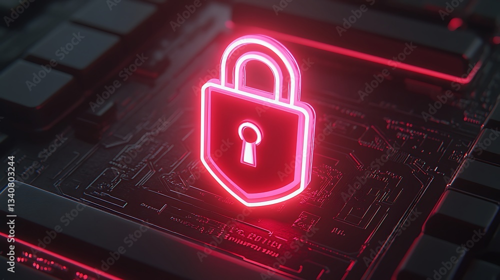 Poster neon digital lock symbol on circuit board background representing cybersecurity and data protection 