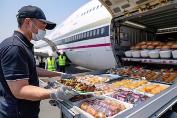 Workers Loading Food Supplies onto an Airplane ,Precision in Aviation Catering, Airline Catering Team at Work, Airport Logistics