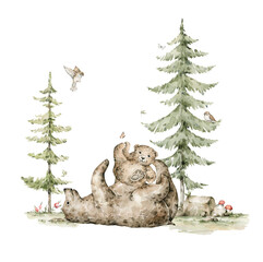 Watercolor composition with forest animals and natural elements. Bear, bear cub, evergreen trees, flowers. Woodland fairy creatures in the wild. Illustration for nursery, wallpaper © Kate K.