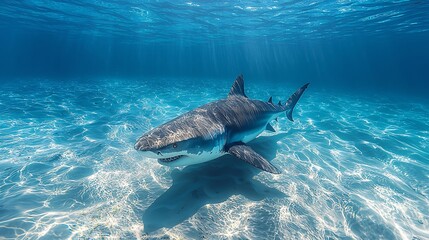 Fototapeta premium Shark swimming in crystal clear ocean waters underwater photography marine environment close-up view