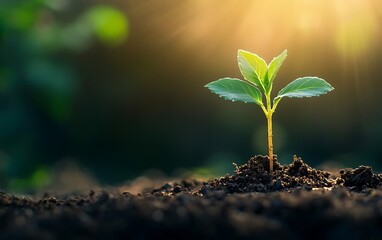 a delicate seedling with luminous green leaves emerges from rich, dark earth, softly illuminated by a golden glow, embodying the essence of growth and renewal in nature
