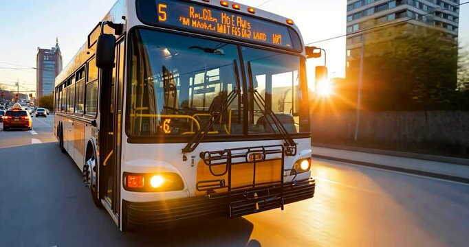 Urban bus driving on city street at sunset, with skyscrapers and cars in background. Sunlight reflects on the road. Yellow and white vehicle in motion