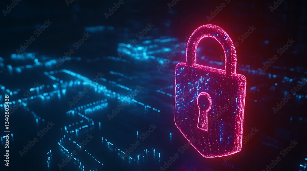 Poster neon digital lock symbol over data network concept representing cybersecurity and data protection