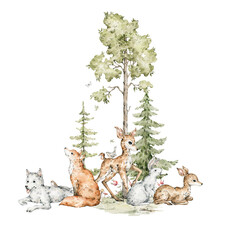 Watercolor composition with forest animals and natural elements. Fox, deer, wolf, rabbit, evergreen trees, flowers. Woodland fairy creatures in the wild. Illustration for nursery, wallpaper © Kate K.