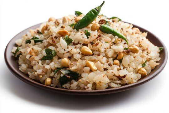 Delicious indian poha dish a flattened rice recipe served with green chilli cashew nuts curry leaves