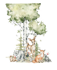 Watercolor composition with forest animals and natural elements. Fox, deer, raccoon, stoat, evergreen trees, flowers. Woodland fairy creatures in the wild. Illustration for nursery, wallpaper © Kate K.