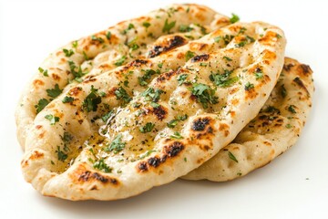 Golden Naan Bread with Fresh Parsley Sprinkling Presented on White Surface Simple Composition Delicious Food