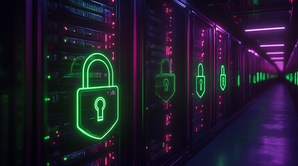 Neon Green Secure Lock Symbol Illuminating Data Center Aisle with Servers and Colorful LED Lights