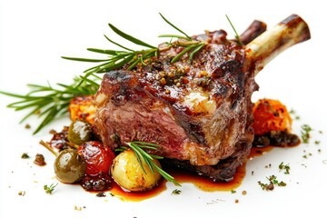 Delicious roasted bone in ribeye steak on white background offering a culinary delight perfect for food photography and restaurant menu