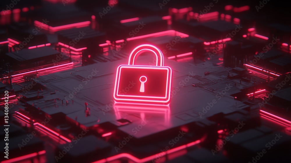 Poster neon lock icon on digital circuit board background representing cybersecurity and data protection co