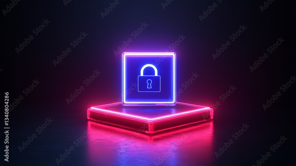 Poster neon lock icon on platform in dark background for cybersecurity and data protection concepts