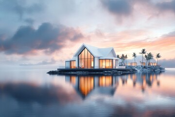 Fototapeta premium A dreamy watercolor depiction of a seaside property with large windows overlooking the ocean, surrounded by palm trees and glowing with sunset colors