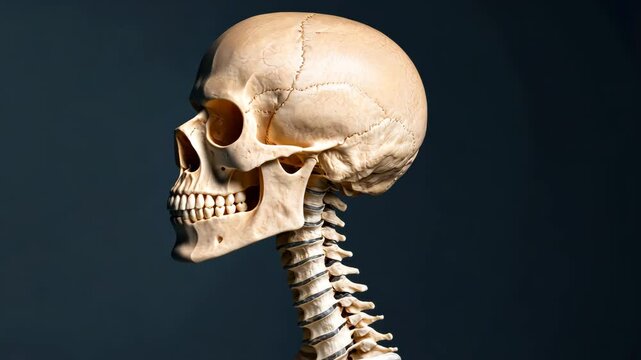 Detailed Side View of Human Skull and Upper Spine Against Dark Background, Showcasing Intricate Bone Structure and Natural Anatomy, Highlighting Anatomical Details and Features of Skeleton System