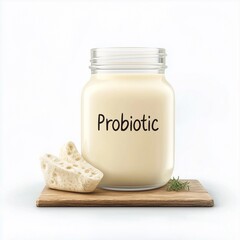 Butter milk on transparent glass jar in board isolated white