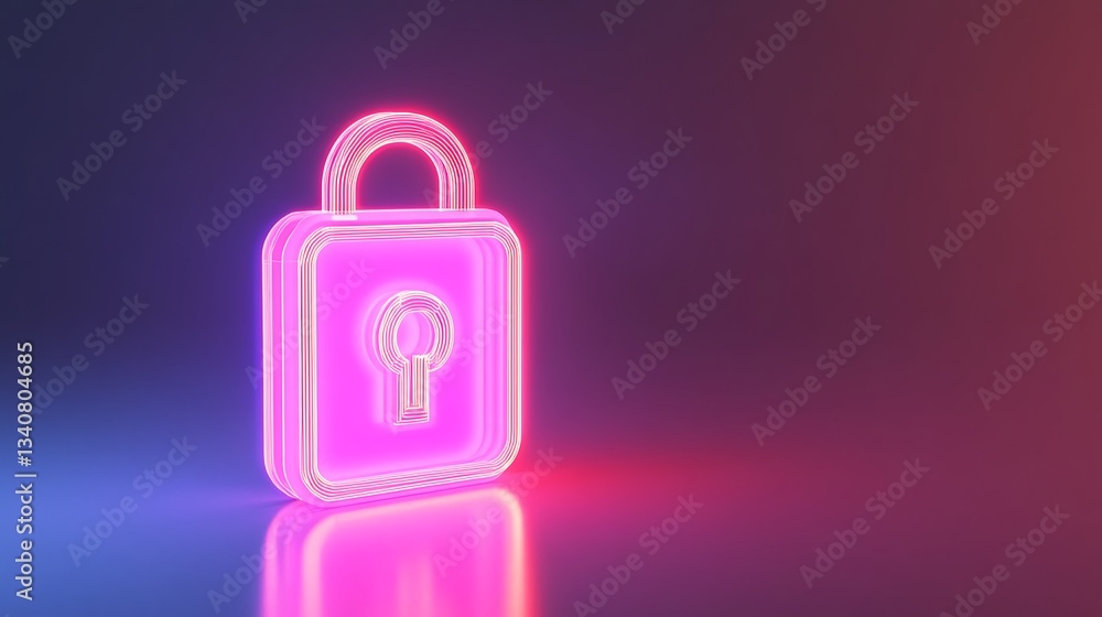 Poster neon lock icon with keyhole symbolizing security and protection in digital environment