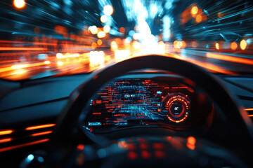 Futuristic car dashboard displays data at night while driving fast through city streets.