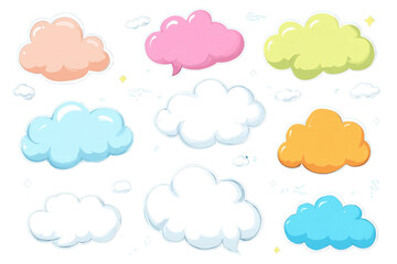 Obraz premium Nine whimsical cloud cutouts featuring different colors and shapes, ideal for graphic design projects, children’s activities, or creative illustrations. Each cloud adds a playful touch to artwork