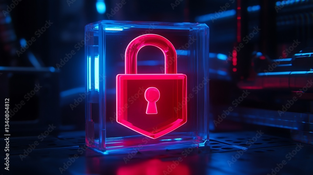 Poster neon lock symbol in a clear cube with futuristic background and blue and red lights for security con