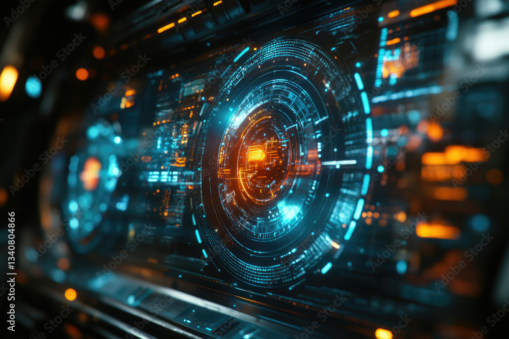 Aufkleber Futuristic digital interface with glowing circles and data streams, showcasing advanced technology.