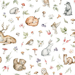 Watercolor seamless pattern with forest animals and natural elements. Bear, fox, deer, badger, rabbit, mushrooms, berries, flowers. Woodland creatures in the wild. Illustration for nursery, wallpaper