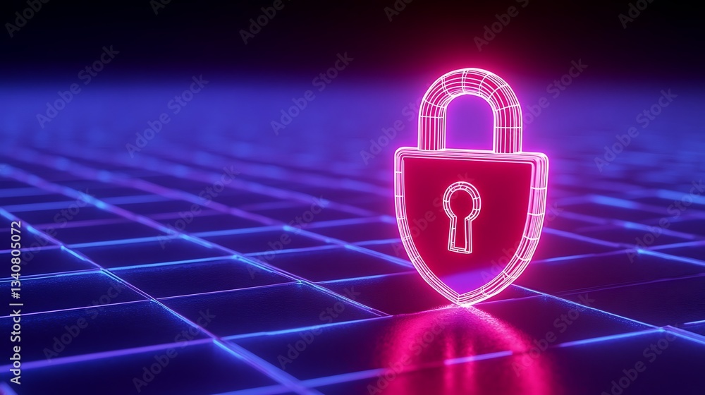 Poster neon lock symbol on digital grid background representing cybersecurity and data protection concepts