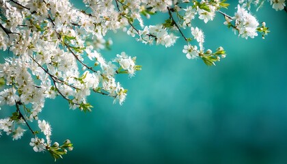 blossoming tree branches with white flowers with abstract serene teal background