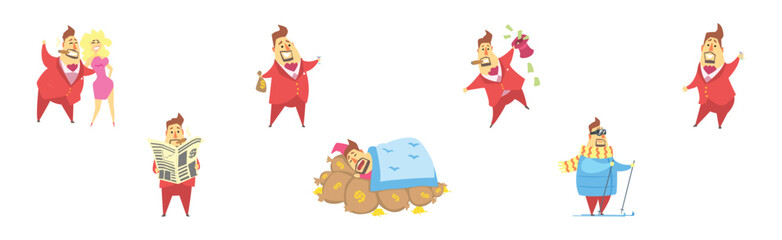 Fat Rich Millionaire Man in Red Suit Vector Set