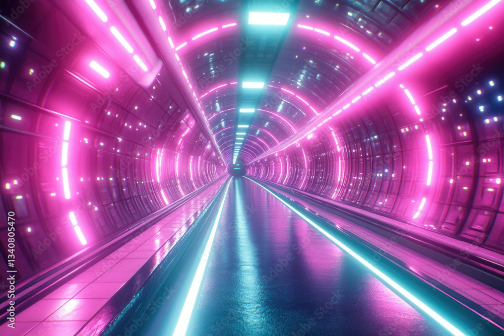 Poster Futuristic neon-lit tunnel with vibrant pink and cyan lights, creating a mesmerizing and dynamic atmosphere.