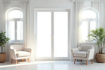 Fototapeta premium White wall with modern window and curtains indoors. Living room interior