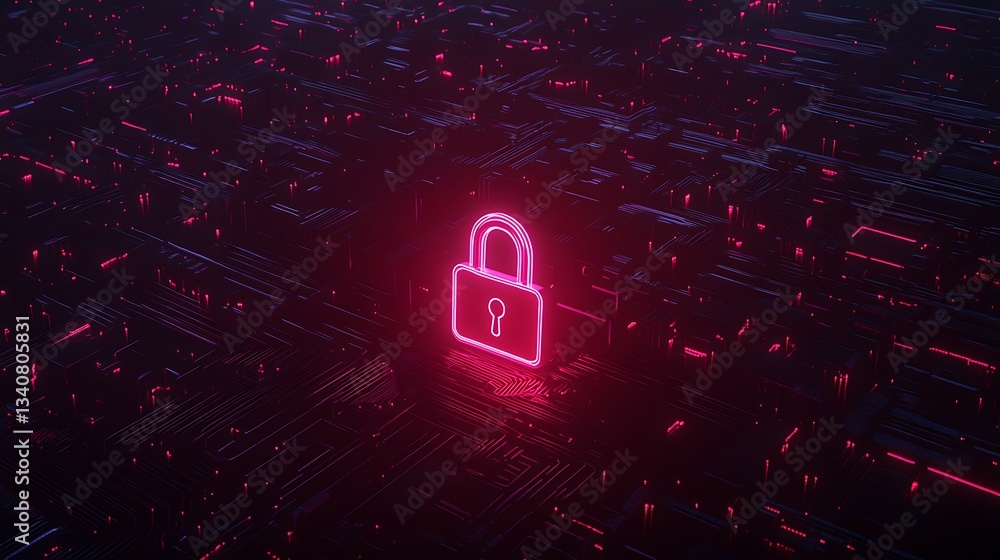 Poster neon pink lock icon on abstract digital background with glowing lines and circuit patterns