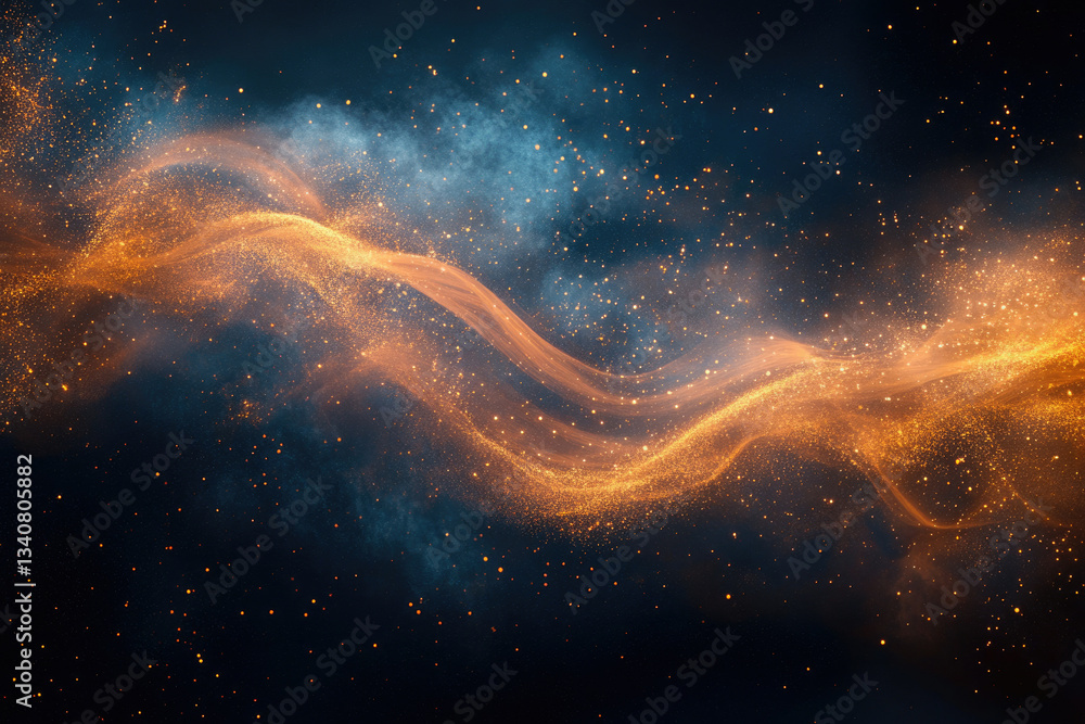 Poster golden cosmic dust swirls through a dark nebula, creating a magical and ethereal scene.
