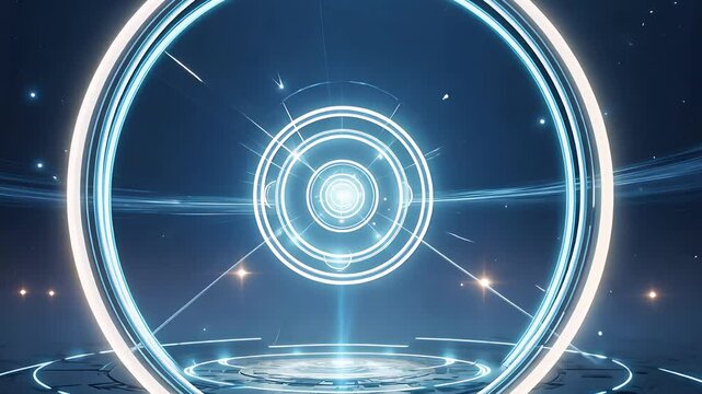 Futuristic Glowing Circular Portal with High-Tech Energy Rings and Digital Light Effects in a Cybernetic Virtual Interface

