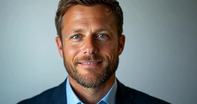Close-up portrait of a man with blue eyes, smiling against a light gray background. He is wearing a blue shirt and navy suit jacket
