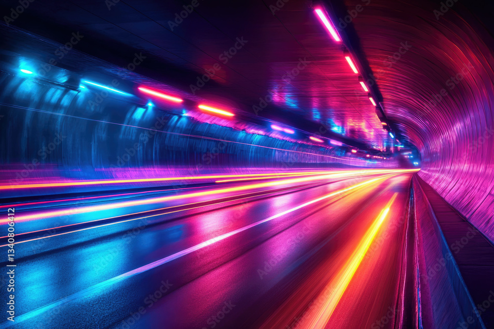 Poster vibrant neon lights illuminate a speeding car's path through a futuristic tunnel.