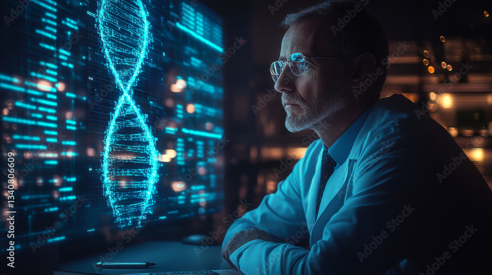 Poster scientist analyzing dna structure through advanced technology in a modern laboratory during evening 