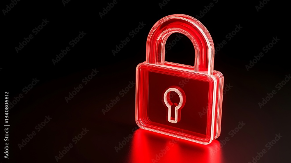 Poster neon red lock symbol on black background representing security and protection in digital environment