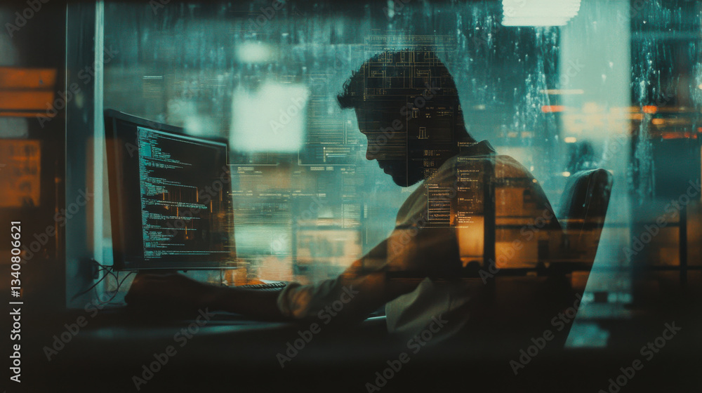 Poster person working late at night on computer screens filled with code in a modern office setting