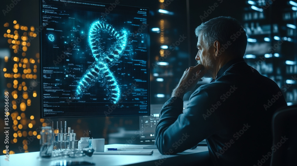 Poster scientist analyzing dna structure through advanced technology in a modern laboratory during evening 