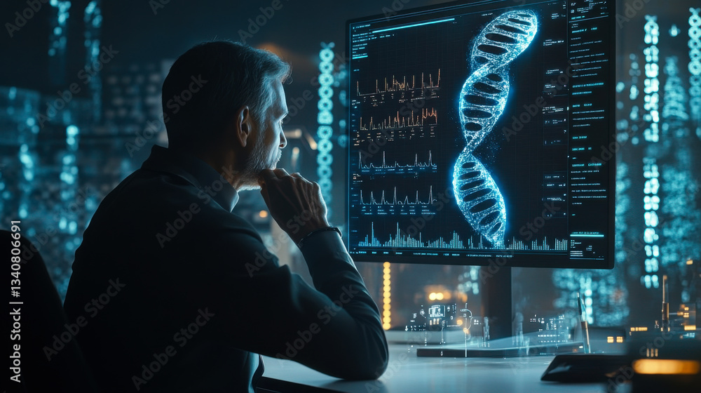 Poster scientist analyzing dna structure through advanced technology in a modern laboratory during evening 