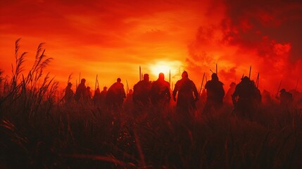 A dramatic scene of warriors marching towards battle at sunset, with silhouetted figures holding spears and shields, creating a powerful atmosphere of war and bravery in the fiery landscape