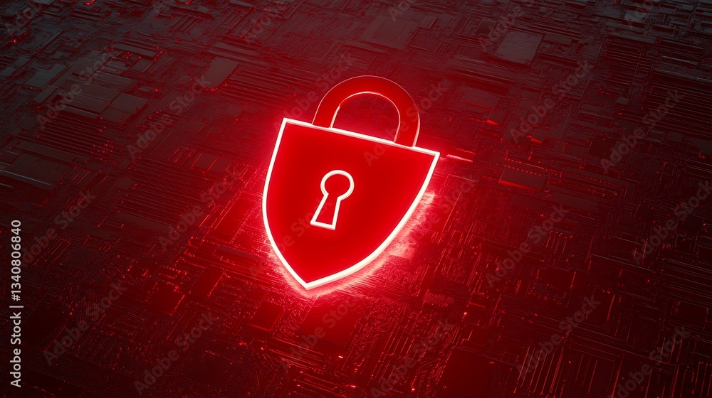 Poster neon red shield with lock symbol on circuit background for cybersecurity and digital protection conc