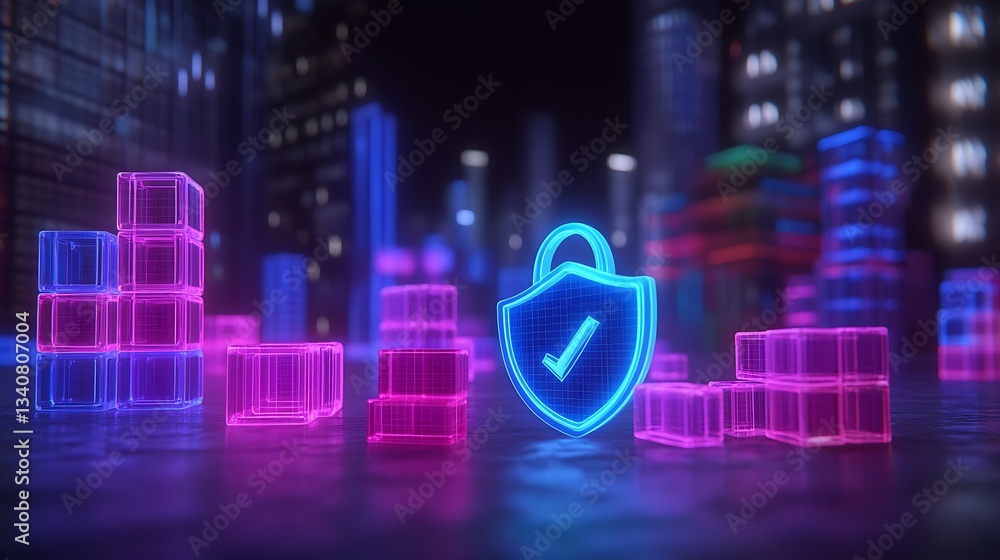 Poster neon shield symbol representing data protection with colorful block structures in a futuristic citys