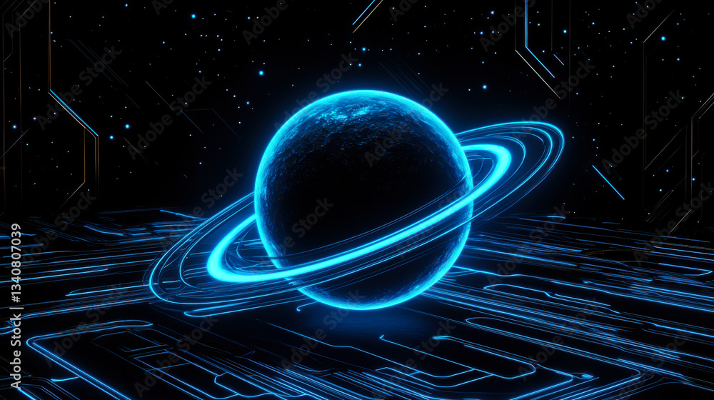 Poster a vibrant representation of a glowing planet with rings in a futuristic digital space setting