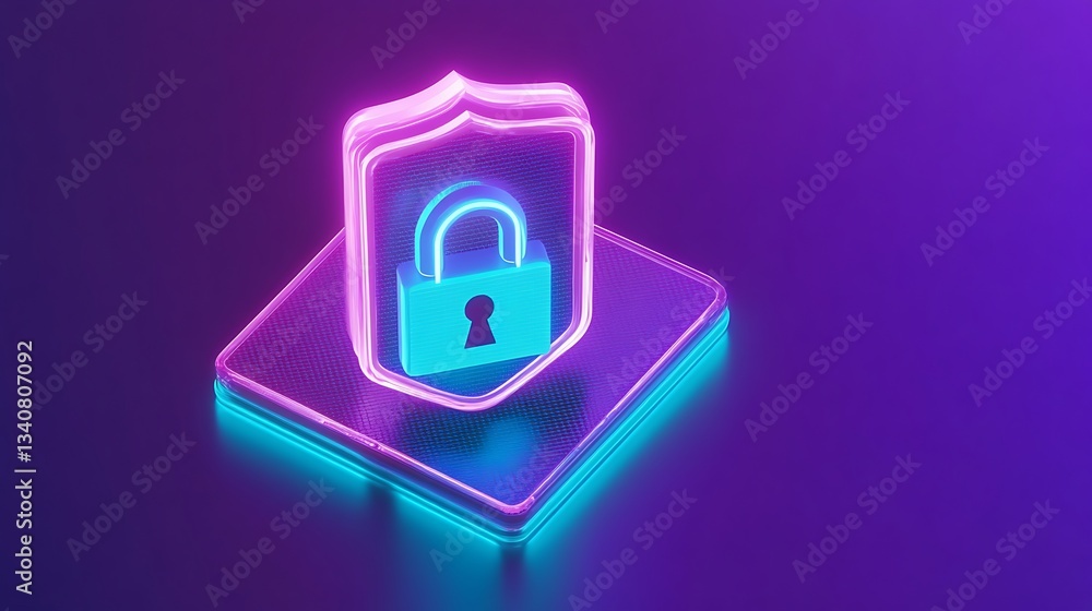 Poster neon shield with lock symbol representing data security and protection in digital environment