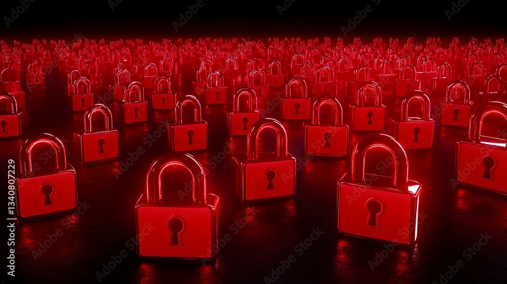 Poster numerous security locks illuminated in red light creating a dramatic technology concept of cyber pro